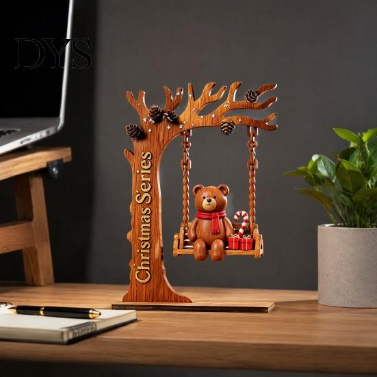 Artisanal Wood Christmas Decor Wooden Swing Ornament with Santa Claus/Bear for Christmas, Tabletop Rustic Home Accents Claus Figurine Living