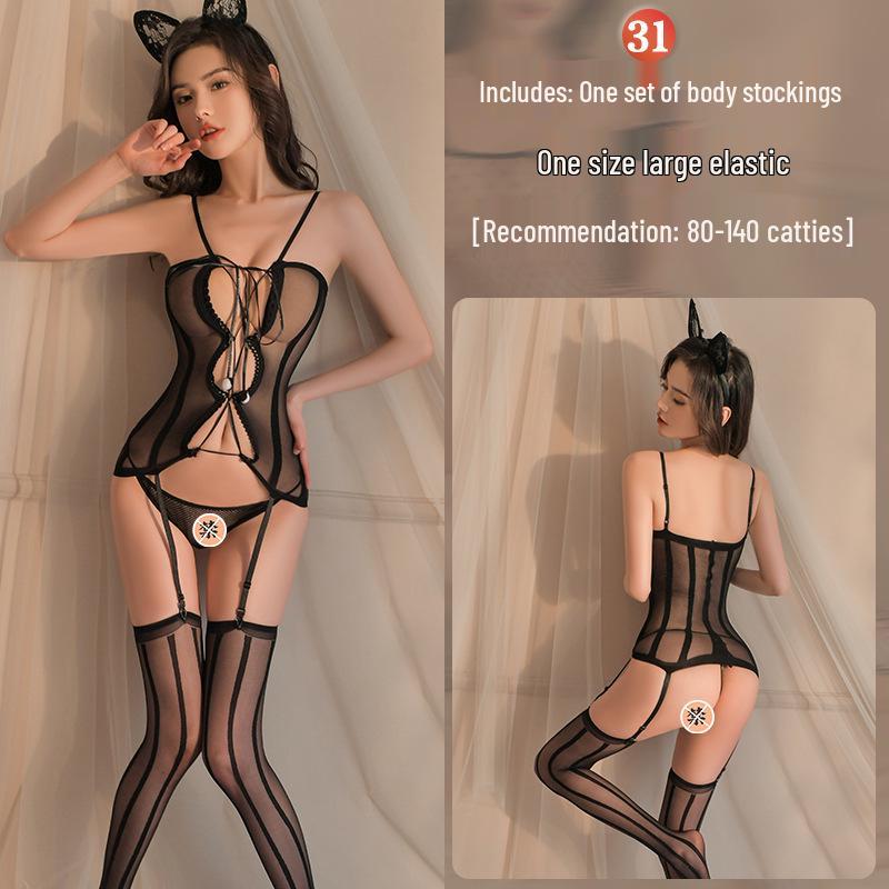 Intrigue Lingerie: Damen Verführung Set mit offenem Schritt und transparenten Netzstrümpfen