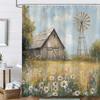 Rustic Barn Windmill Shower Curtain, Western Farm Barn Daisy Floral Farmhouse Bath Curtains Set, 72x72 Inch Waterproof Fabric Ba