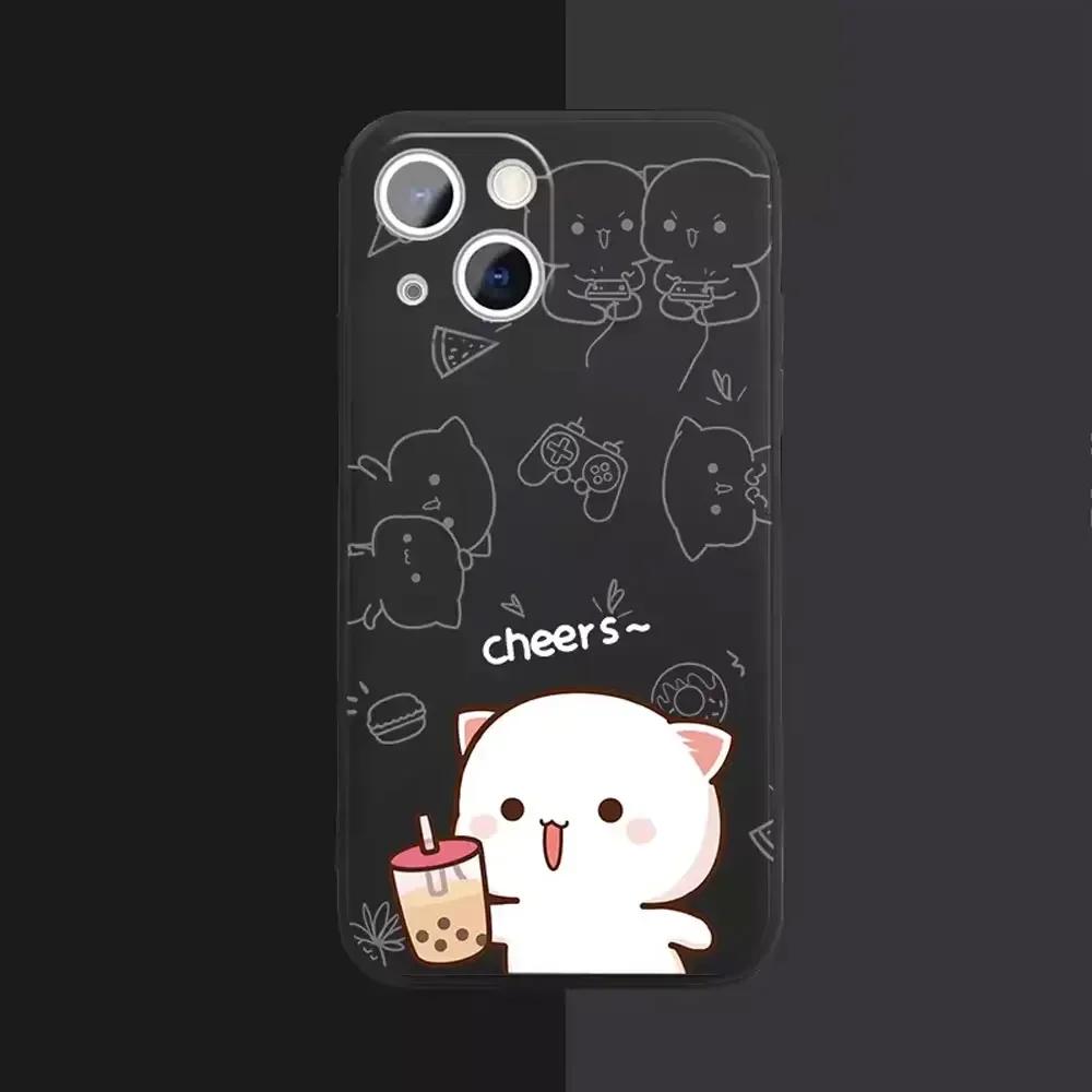 Cartoon Peach Mochi Cat Couple Phone Case for IPhone 16 15 14 13 12 11 Pro Mini X XS MAX 7 8 Plus Cute Animal Paired Soft Covers
