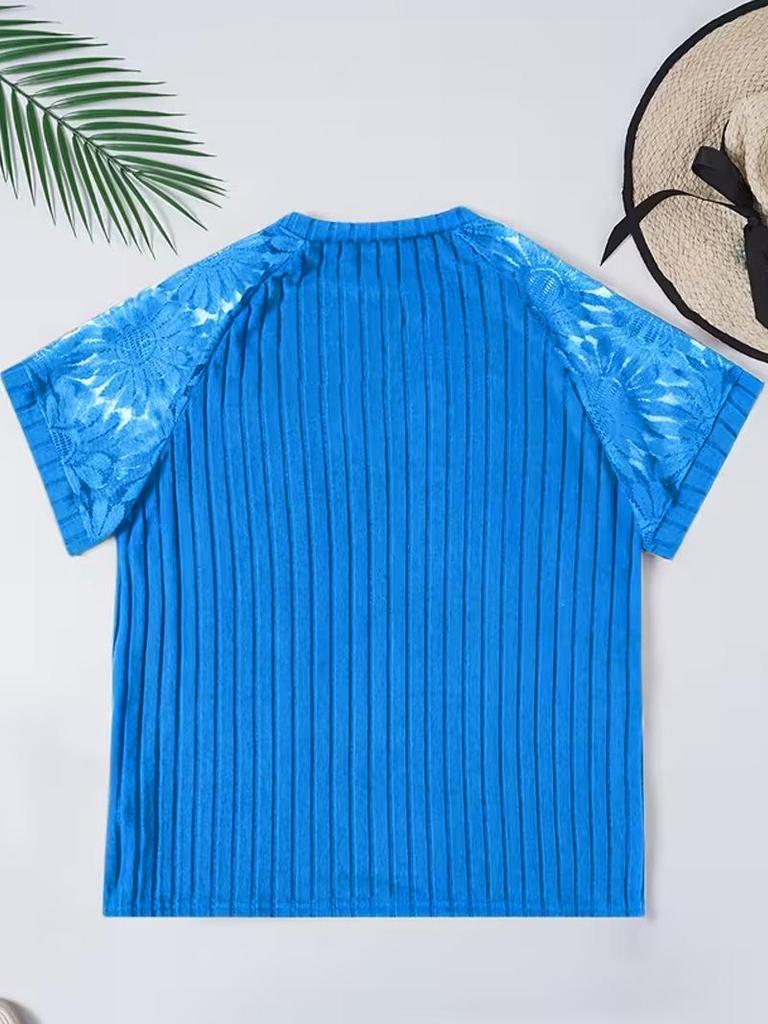 Frühling/Sommer 2026 Damen Übergröße V-Ausschnitt Spitzen-Patchwork Kurzarm-Top