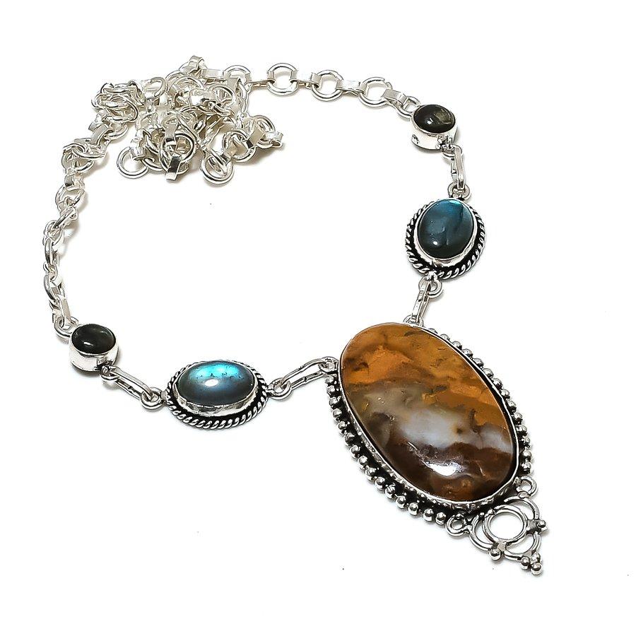 Natural Seam Agate, Labradorite 925 Sterling Silver Jewelry Necklace 18" ASN-6164