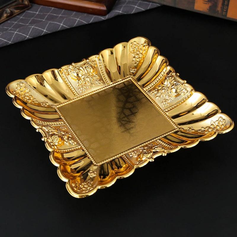 European Fruit Plate, Metal Square Relief Pattern Platter, Golden Retro Large Small Snack Disc, Home Living Room Decoration,1pcs