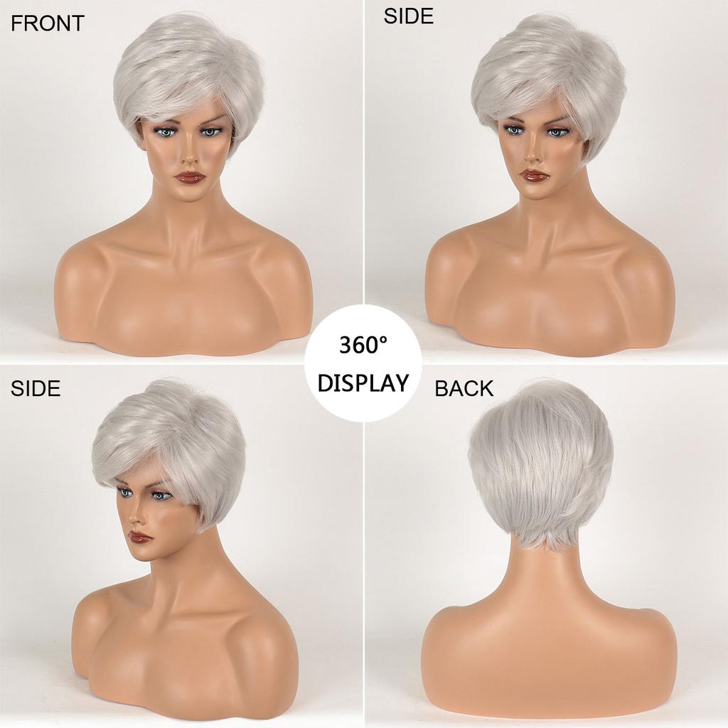 European and American Style Middle Aged and Older Women's Daily Use Natural Looking Synthetic Fiber Silver Gray Short Straight Wig