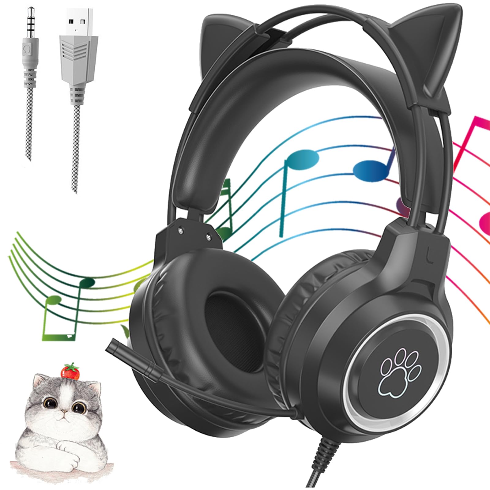 

LYTDMSKY Cat Ear 2m Gaming Cute LED Постепенно выдвижные с направленным звуком Съемные Cat Home Remote Новые лучшие подарочные наушники, 3,5 мм проводные,