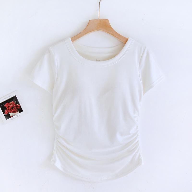 

Женская футболка с коротким рукавом, накладками на грудь, круглым вырезом и кромкой «ласточкин хвост» S