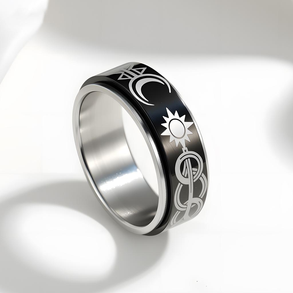 Rotatable Stress Relief Ring Eternal Star And Moon Design Mens Fashion Jewelry
