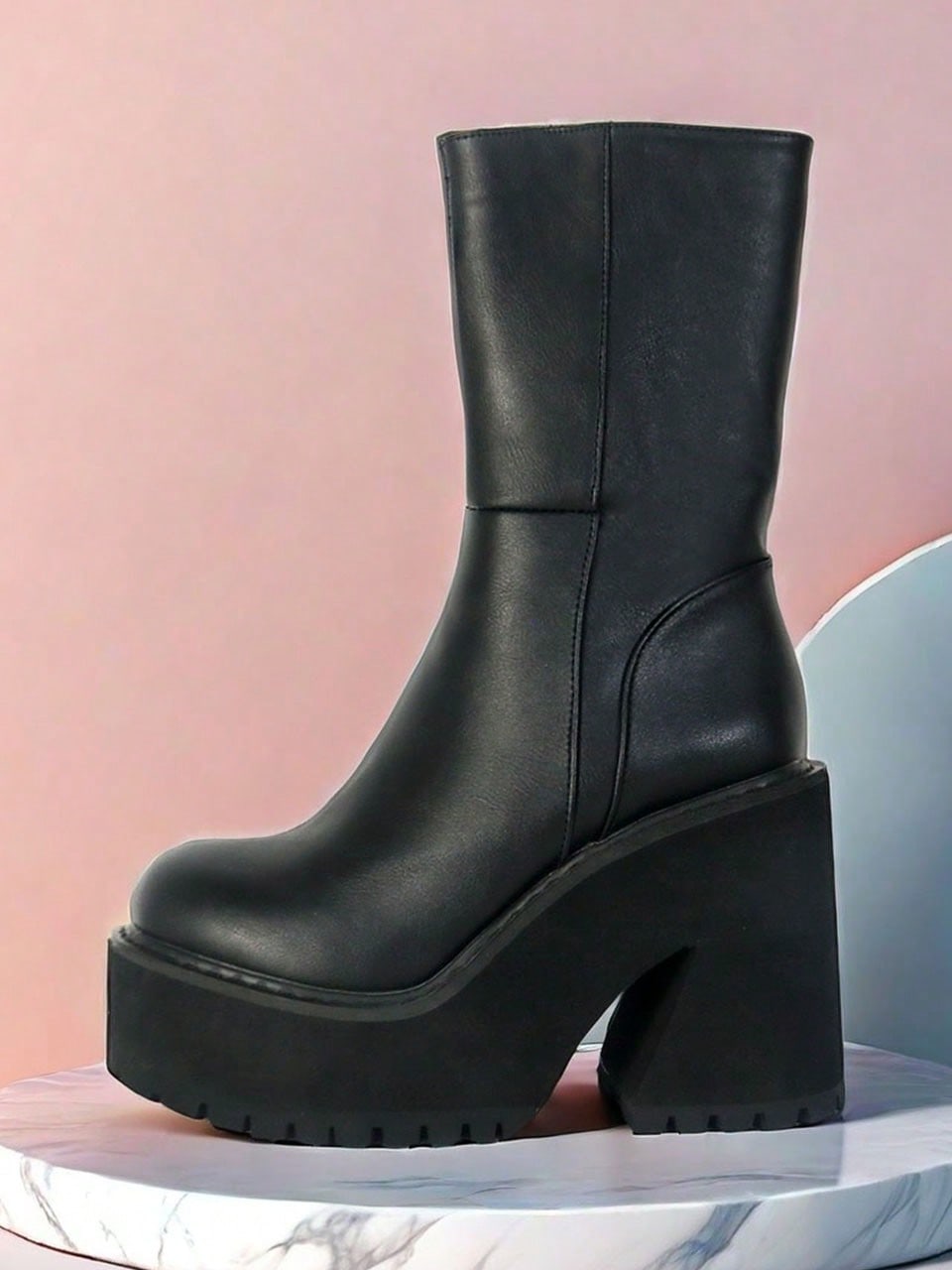 

Chic Women s Gothic Mid Calf Boots Platform Chunky High Heeled Punk Street Fashion Motorcycle Combat Riding Short Boots 42