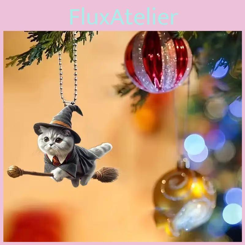 Riding Broom Cute Magic Cat Pattern Acrylic Pendant Car Decoration Accessories