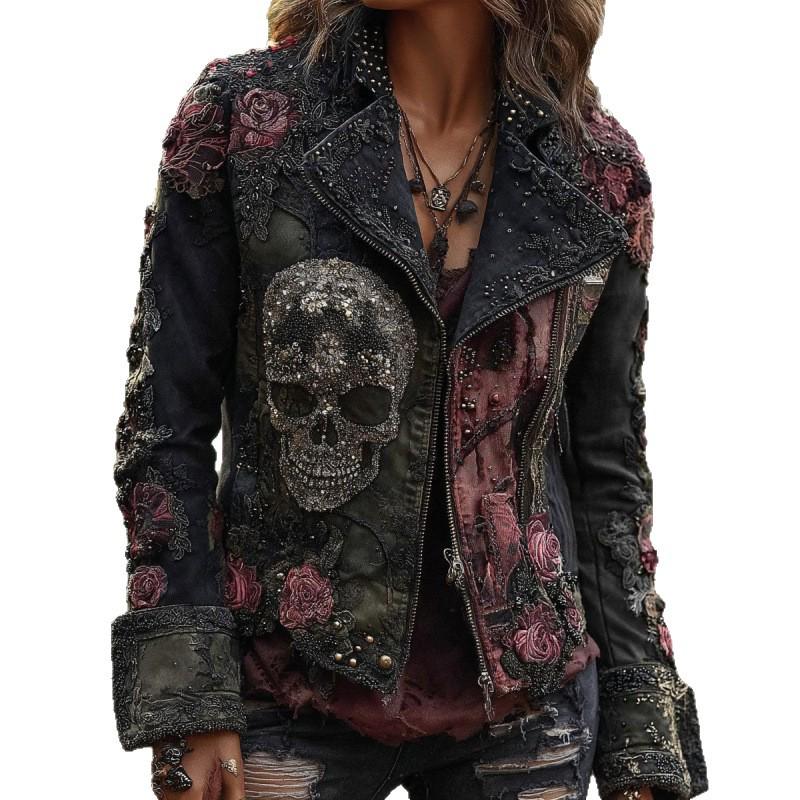 Damen Vintage Herbst Denimjacke mit Patchwork-Print und Aufschlagmanschetten