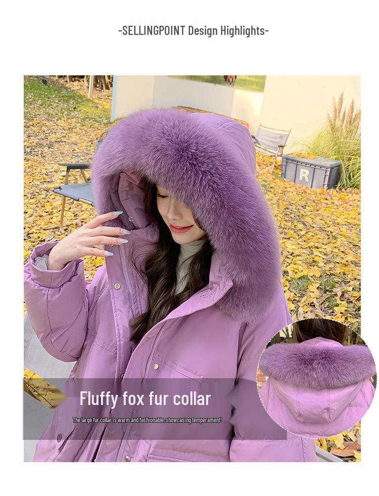 Plus Size Long Down Jacket for Women with Fur Collar and Hood, 300 Jin Capacity