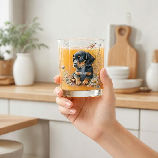 Whiskey Glass, Dachshund Glass Tumbler, Hand Painted Dog Floral Cup for Whiskey Coffee, Home Bar Gift for Dog Lovers