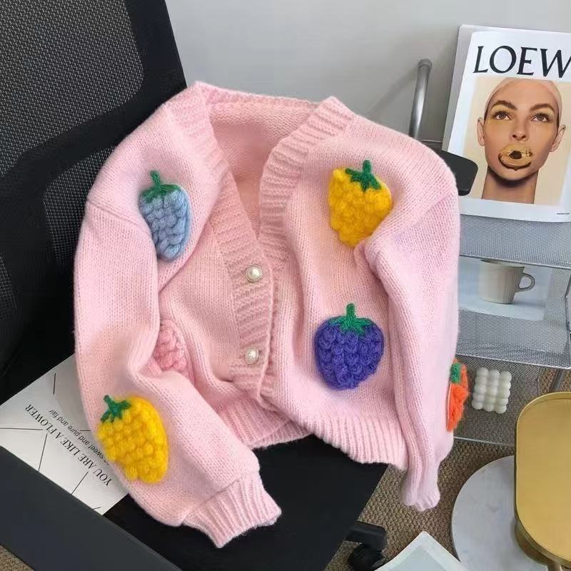 New knitted V-neck women's clothing spring and autumn loose jacket cartoon fruit casual age reduction chic design sense lazy style