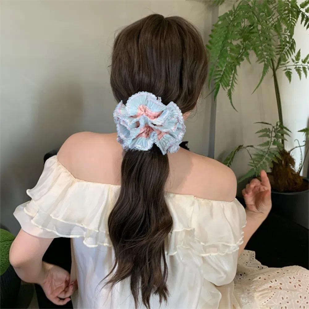 Multilayer Plaid Scrunchies Elastic Exaggerated Hair Ring Exquisite Large Lace Hair Tie  Lady