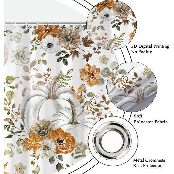 Fall Pumpkin Maple Leaf Shower Curtain, Autumn Thanksgiving Harvest Orange Pumpkin Design Bath Curta for Bathroom, Watercolor Floral Decor Waterproof