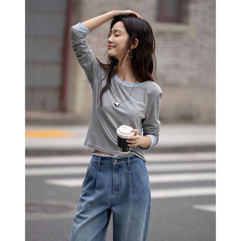 Demana French Chic Women s Contrast Ribbed Long Sleeve T-Shirt L