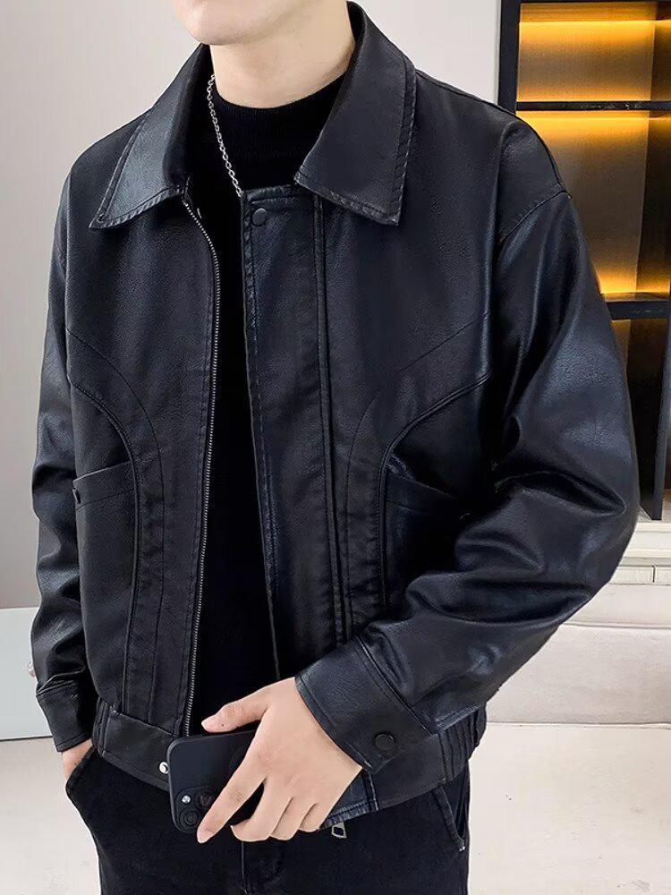Men's Trendy PU Leather Motorcycle Jacket - Spring/Autumn Casual Lapel Coat