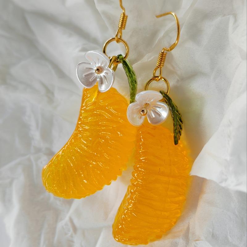 Orange-inspired Drop Earrings - Citrus Fruit with Green Leaf, Glossy Resin Y2K Jewelry, Sweet Summer Gift for Women