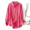Women's Summer Pink Linen Shirt Loose Long Sleeve Blouse