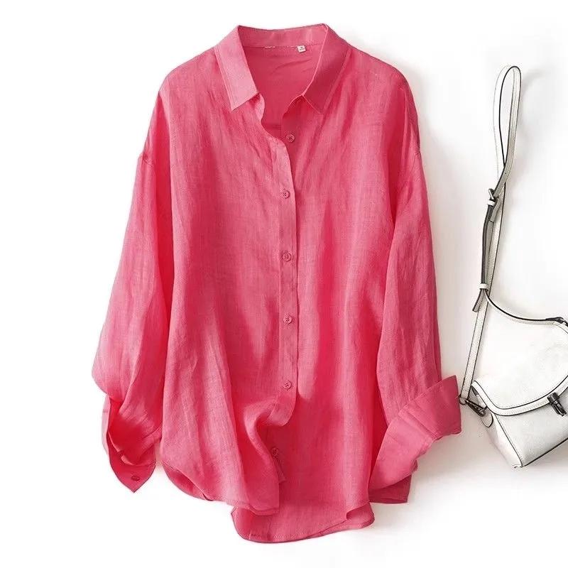 

Женская летняя розовая льняная рубашка свободная с длинным рукавом блузка M роза розовый