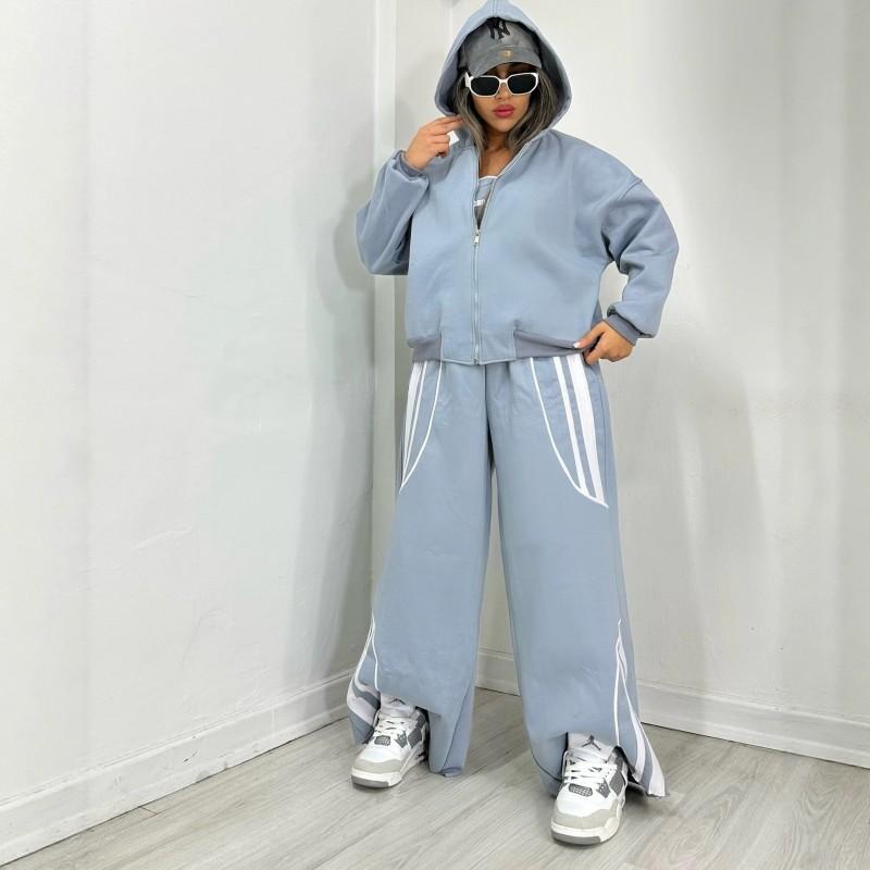 Womens Streetwear Hooded Two-Piece Set With Stripe Panel Detail Long Sleeve Open-Front Top Drawstring Pants