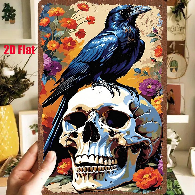 VintageTin D Metal Sign Black Bird Skull Floral Retro Wall Decor XInch Home Bar Art Plaque