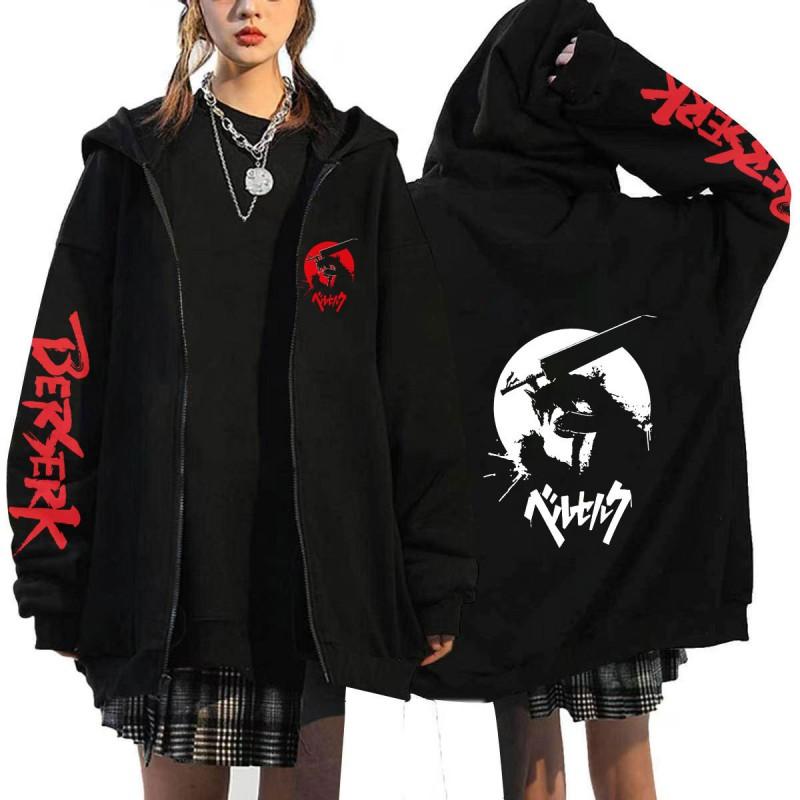 Berserk Anime Hooded Zip-Up Sweatshirt Men Oversized Fleece-Lined Pullover With Drawstring Cap Side Pockets
