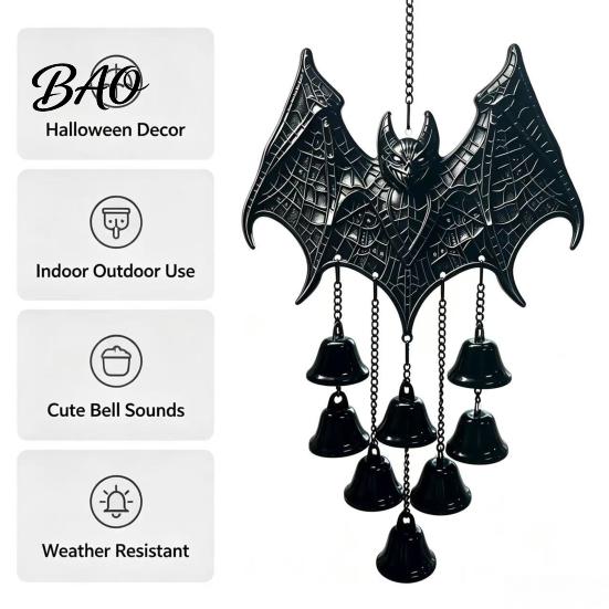 Bat Shaped Yard Decorations Gothic Metal Wind Chime, Halloween Hanging Ornament with Multiple Bells, 3D Durable Black Chime Embossed Decor for Indoor