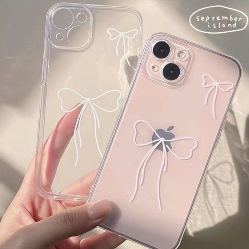 Cute Pink Heart Bow Case For iPhone 15 Pro Max 14 11 12 13 Mini XR XS 7 8 6 6S Plus SE Shockproof Soft Clear Phone Cases Coque