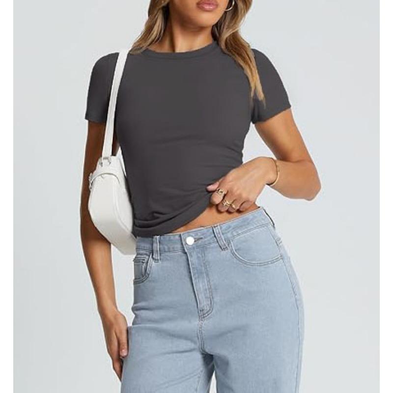 DAFIFY Women's Fashion Casual Summer Spring Solid Color Print Short Sleeve O-Neck Blouses & Shirts