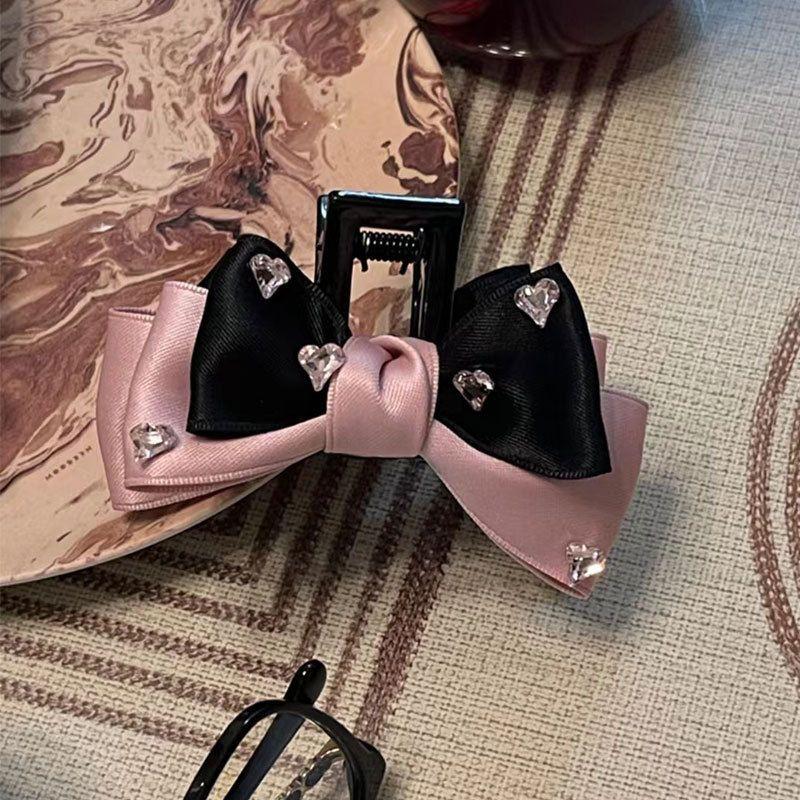 1pc Female group bow clip new pink and black satin back of head dished shark clip hair accessory