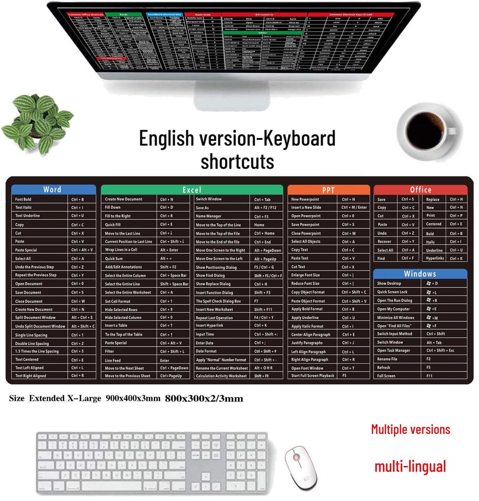 English Edition Large Quick Keys Mouse Pad with Stitched Edges - Custom Heat Transfer Design for Office Desks