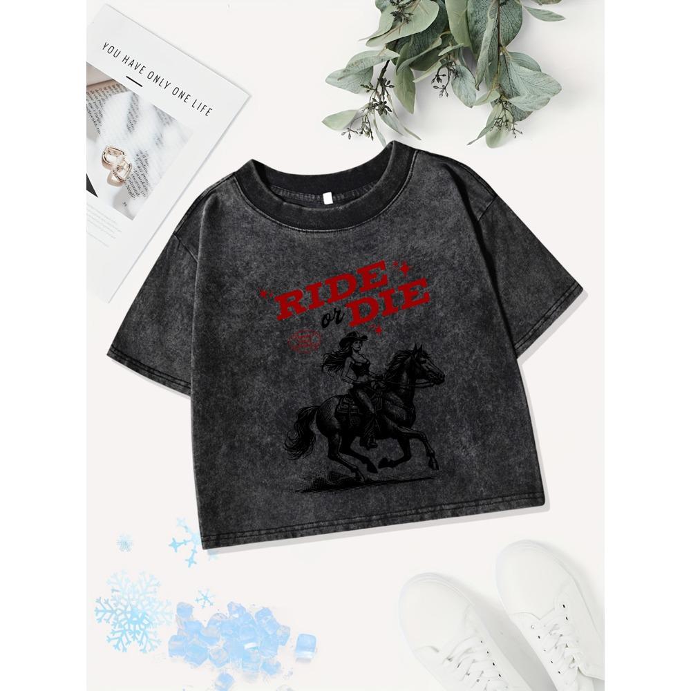 Casual Cotton Crop Tops Womens Western Cowboy Girlprinting Washed T-Shirts O-Neck Regular Fit Streetwear Sexy Clothes