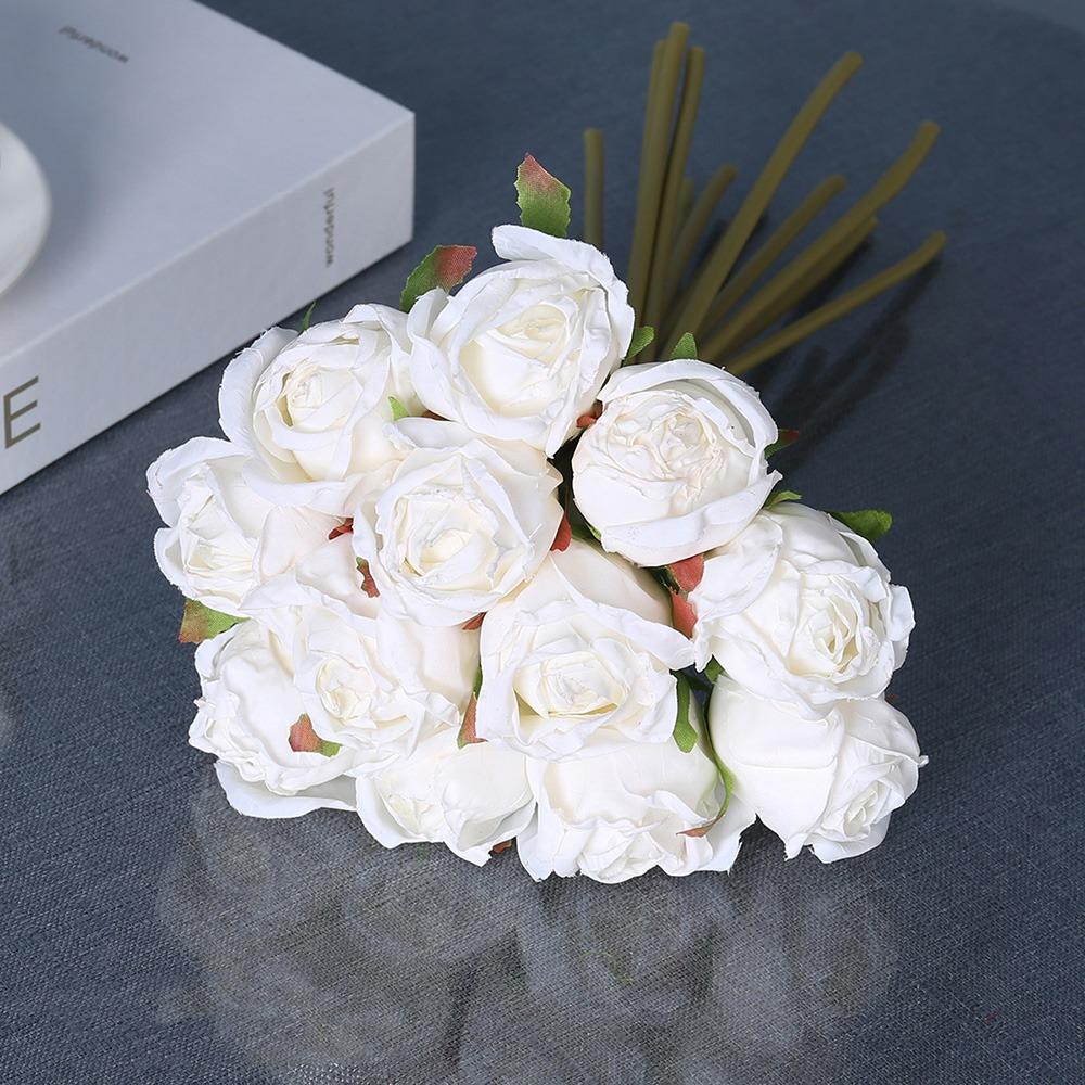 

12PCS/bunch Multicolor Rose Artificial Flowers Silk Petals Scene Landscaping Faux Rose Flower Green Stem Bridal Bouquet белый