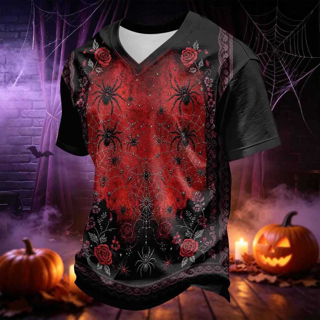 Men's V-Neck Halloween Novelty Printed T-Shirt for Holiday Party and Casual Wear