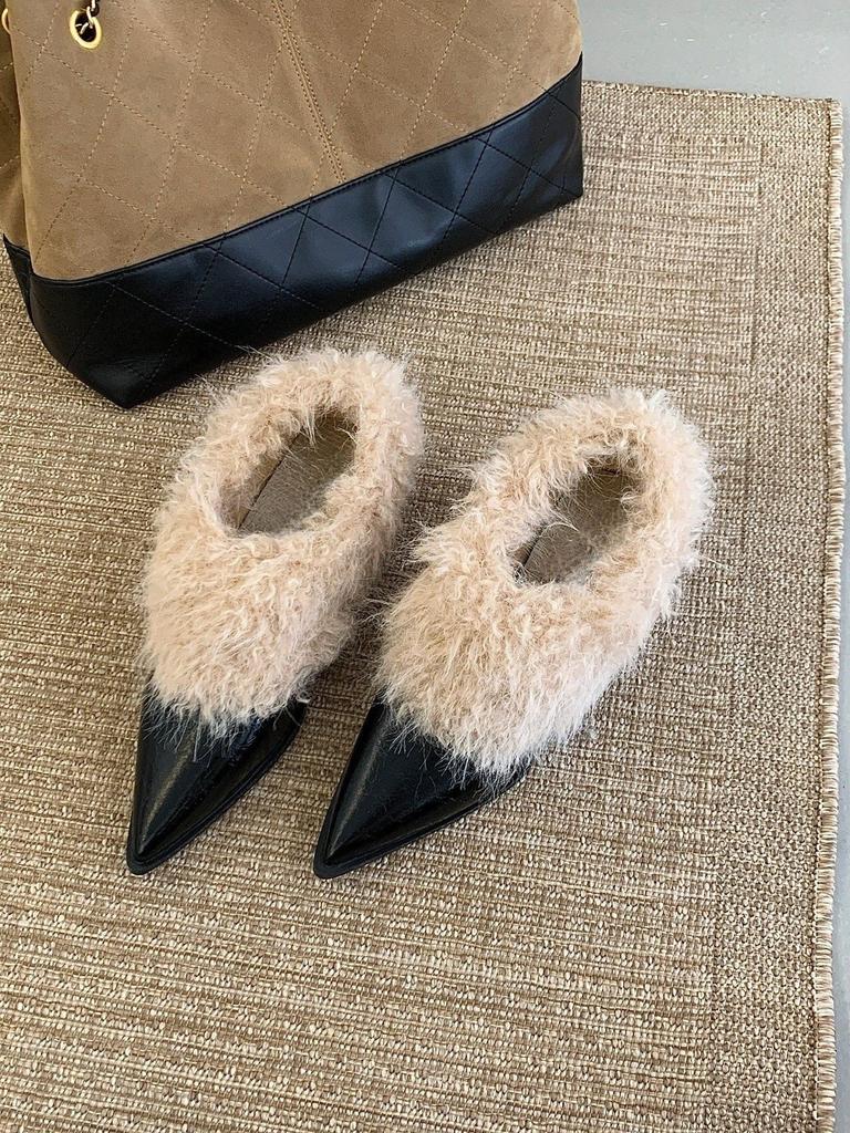 Premium pointed curly small leather shoes retro one-pedal fluffy single shoes middle heel family thermal cotton shoes