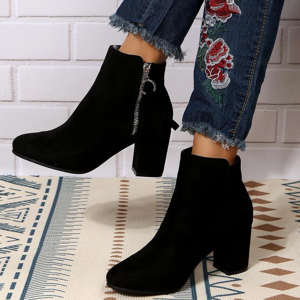 2023 European & American Plus Size Chunky Heel Round Toe Zipper High Heels