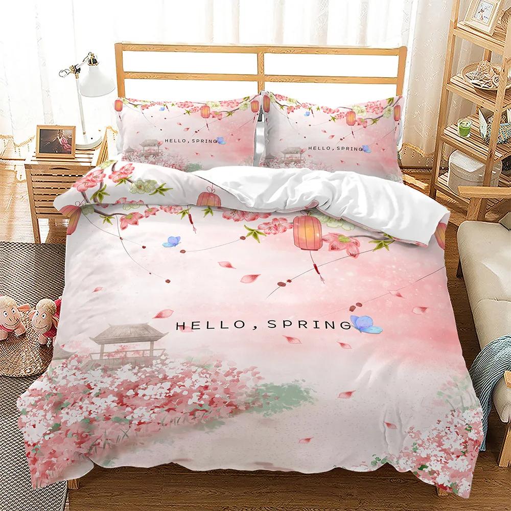 Pink Floral Duvet Cover Japanese Cherry Blossoms Theme Bedding Set Spring Romantic Quilt Cover for Girl Microfiber Bedspread