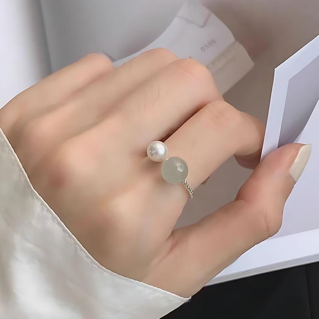 PANJBJ Anello Geometrico in Argento Sterling 925 con Giada di Hotan per Donna Ragazza Regolabile Gioielli Delicati Retrò Regalo di Compleanno Dropshipping