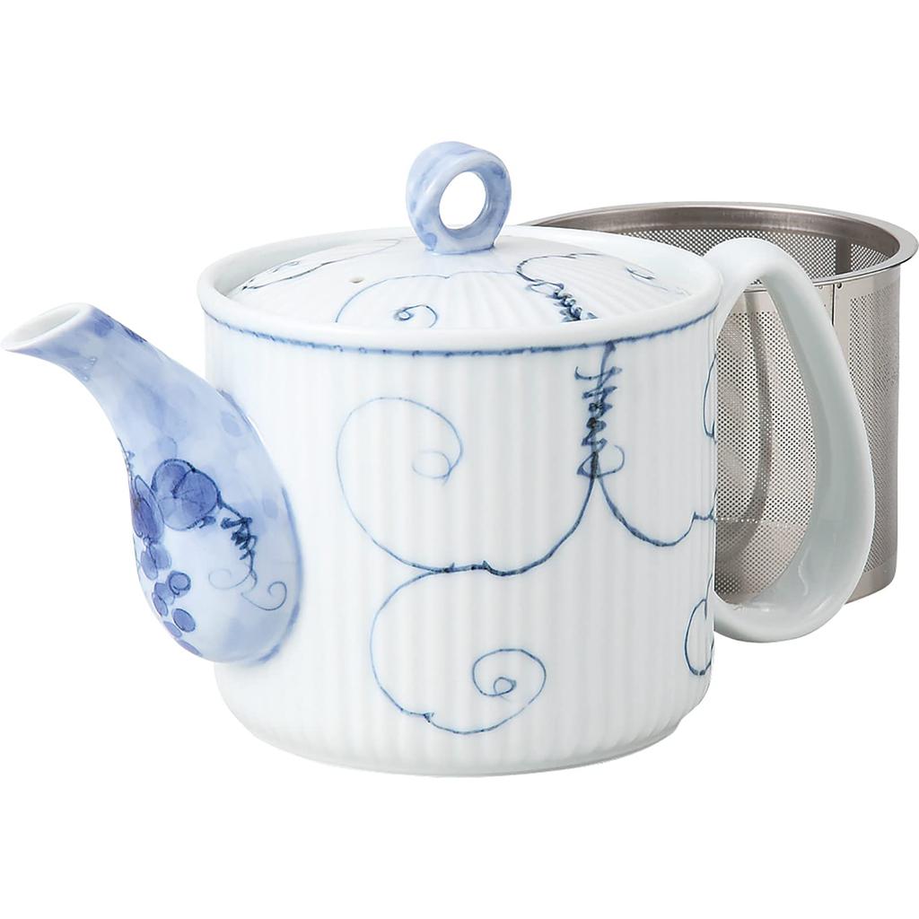 Saikai Toki Hasami-yaki Teapot, Large and Lightweight, Arabesque Grape Pattern, Approximately 475ml Capacity, Easy to Clean, Includes Tea Strainer