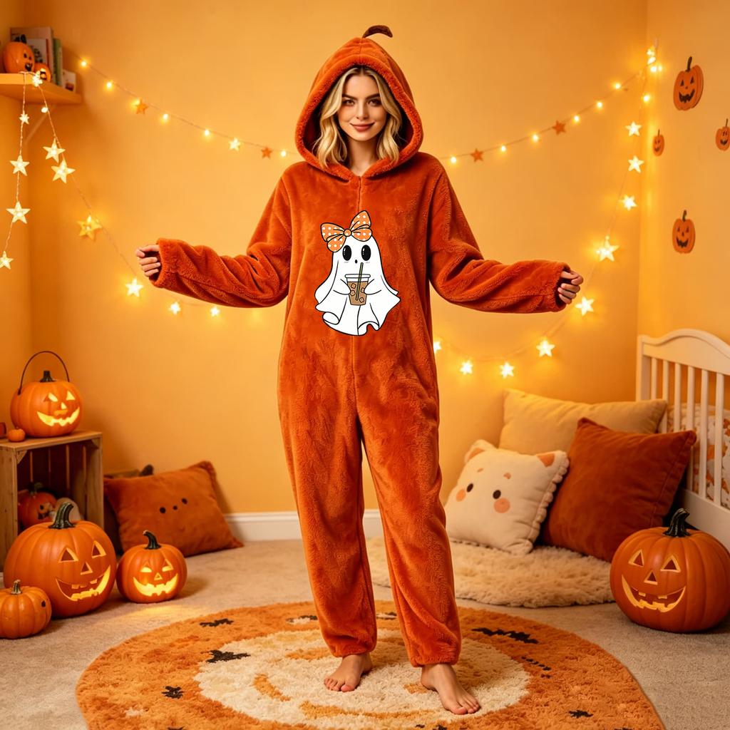 Women's Halloween Printed Flannel Romper Jumpsuit for Holiday Party and Loungewear
