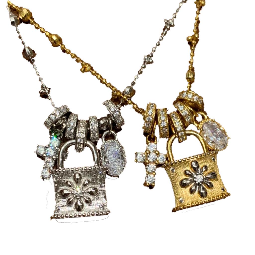 Cross Lock Bag Necklace Femininity Full of Zircon Design Antique Clavicle Chain