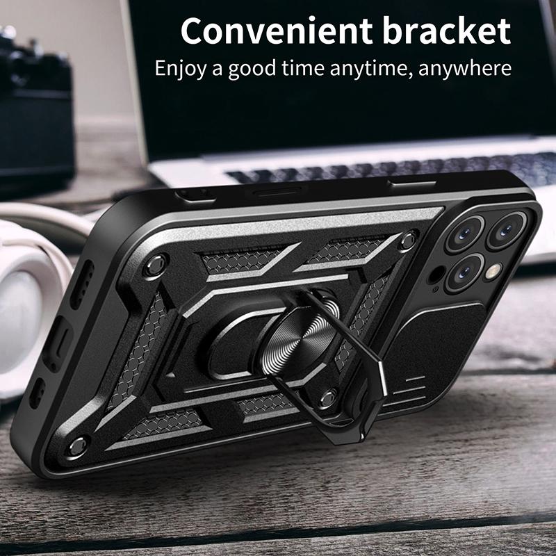 iPhone 16 Pro Max Plus Shockproof Armor Case Car Magnetic Ring Holder Phone Cover Durable Protective Case with Stand Feature