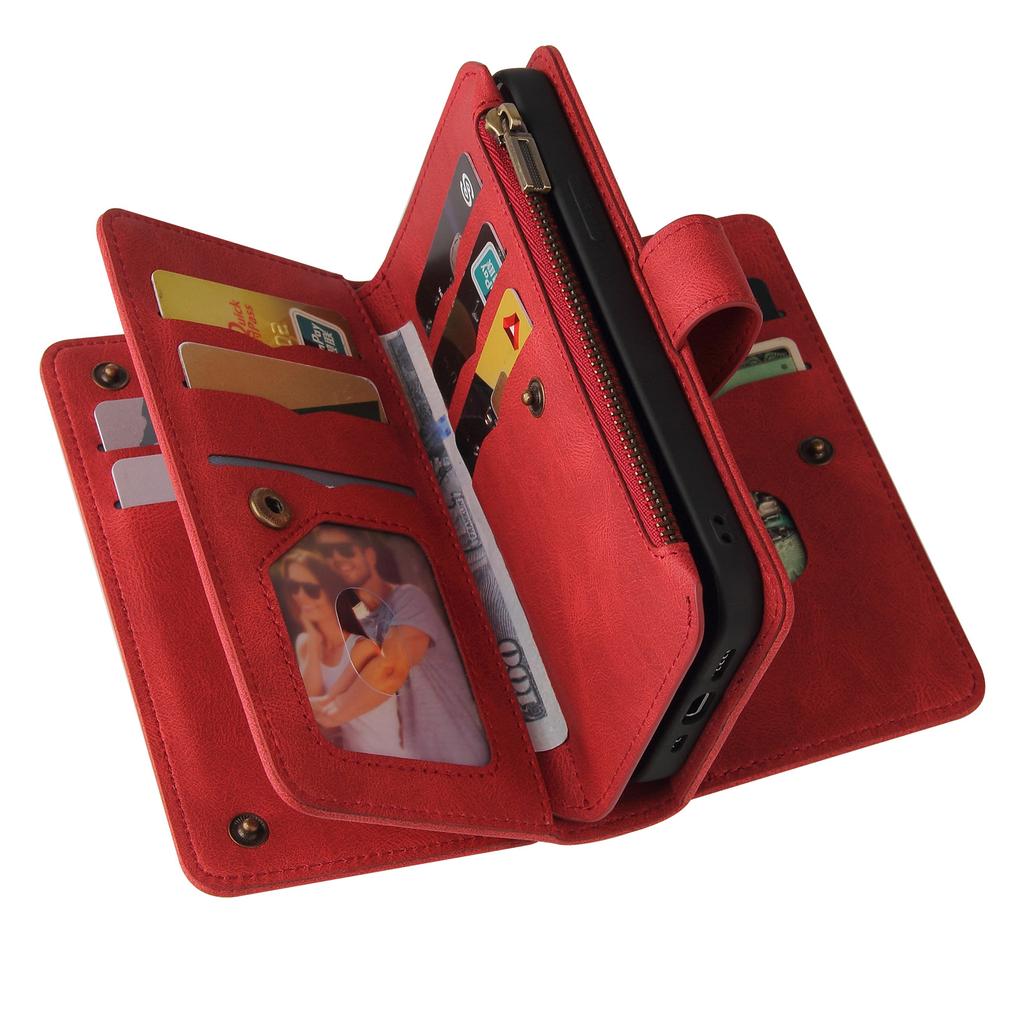 Applicable iPhone16 Leather Case 17Plus Skin Sense Scrub 15 Card Zipper Wallet Case Google 9Pro Solid Color