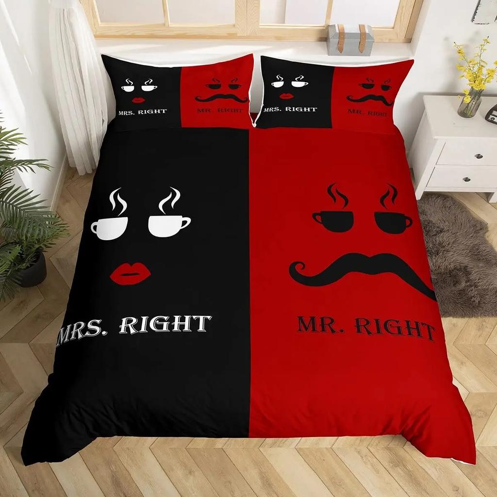 Paarvögel Bettbezug Queen Valentinstag Bettwäsche-Set Äste Tierische Steppdecke Rot Schwarz Liebesschlaftag Deckenbezug