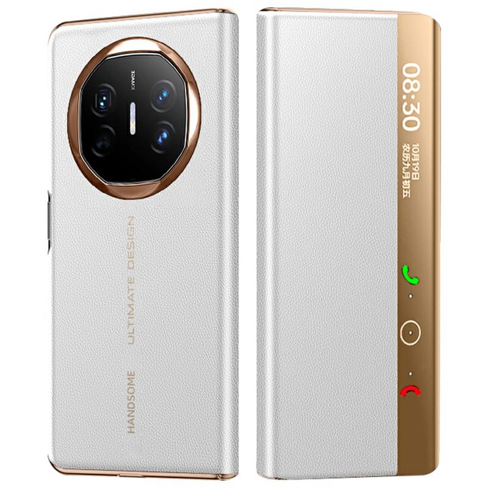 

For Huawei Mate X6 Case View Window Auto Wake/Sleep Leather Flip Phone Cover Litchi Texture Ivory White/Gold