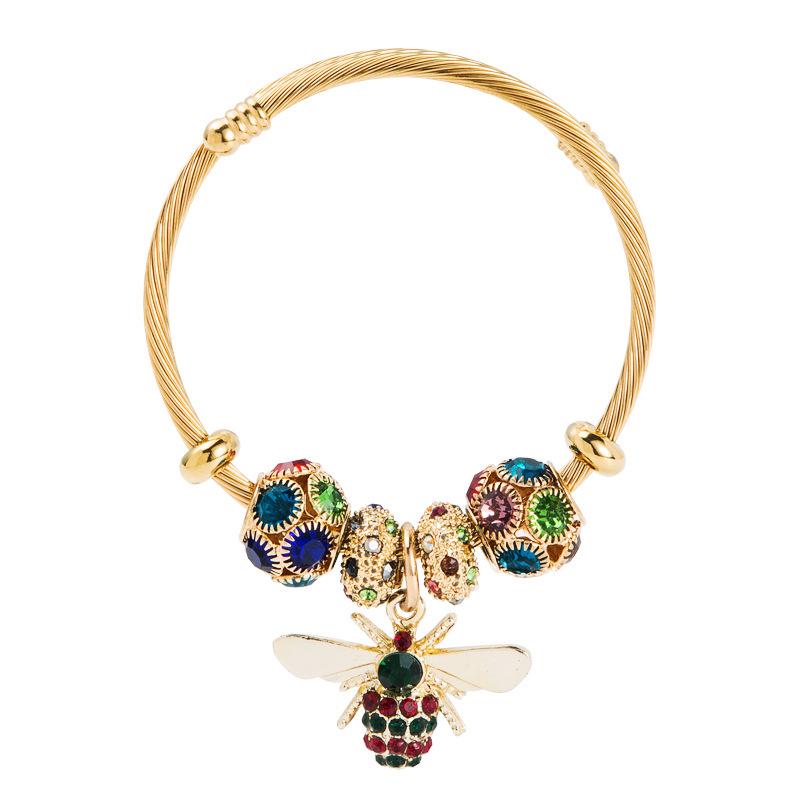 Gold Alloy Adjustable Bee Bracelet with Shiny Diamond Ball - Hot-Selling Pandora Style Jewelry