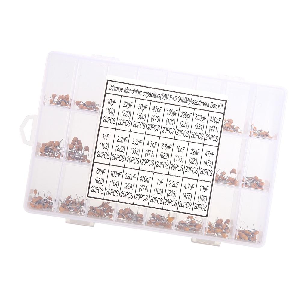 480Pcs Monolithic Ceramic Capacitor 24 Valves 10pF‑10uF Accessory Set Kit for Computer