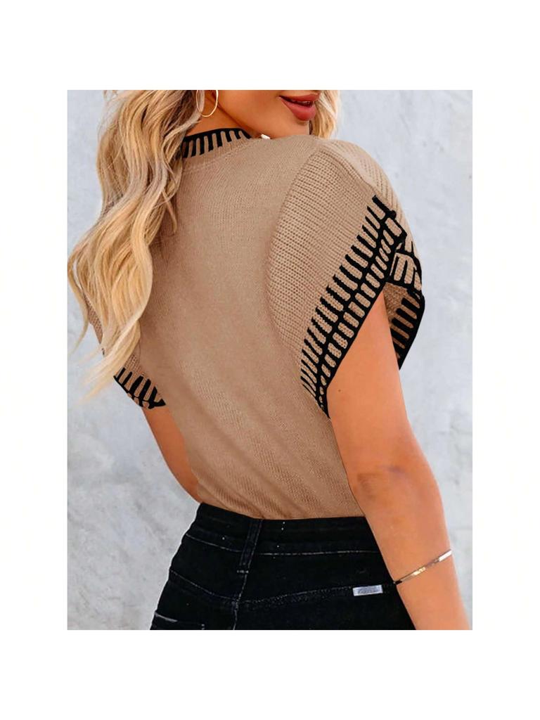 Women's Striped Ruffle Short Sleeve Knit Sweater Crew Neck Loose Summer Top