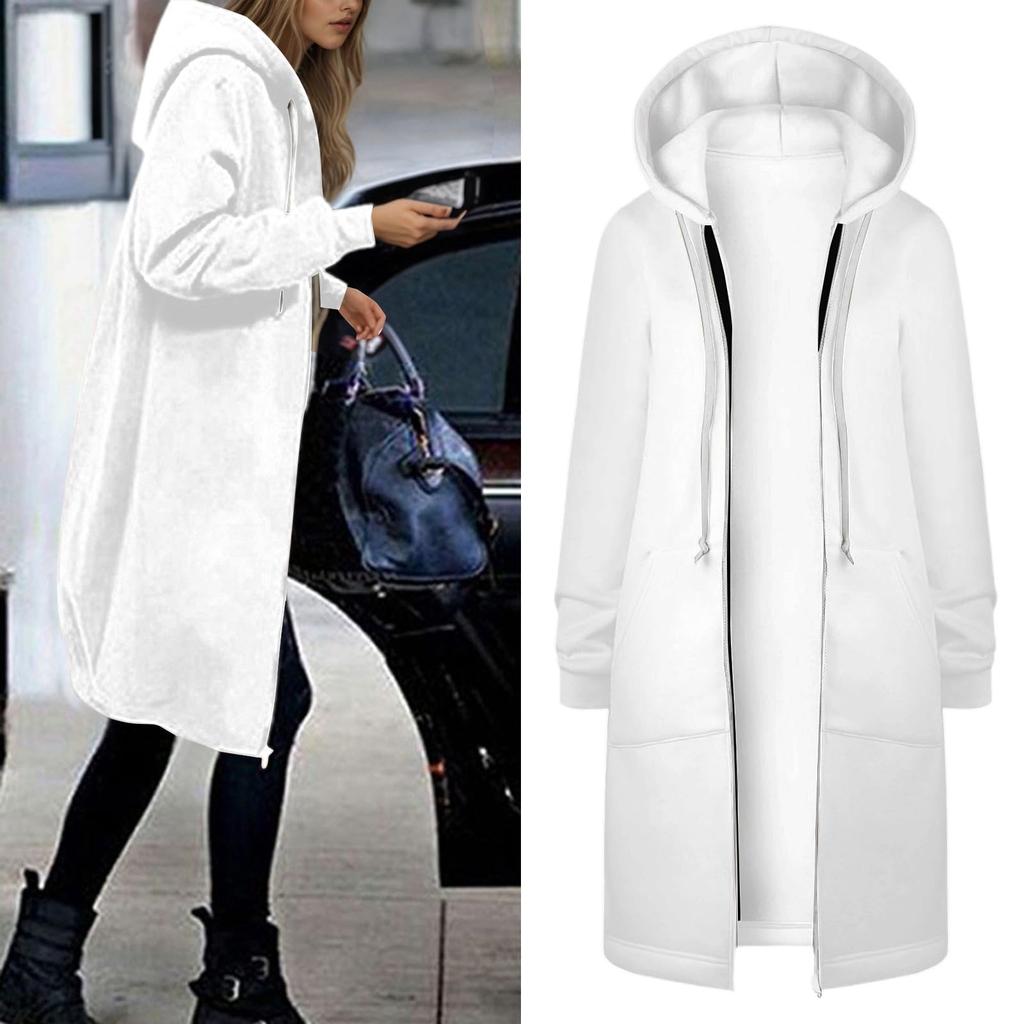 Women's Fashionable Solid Color Long Sleeved Pocket Long Hoodies Zipper Casual Coat Fall Jackets Sweatshirts Clothes